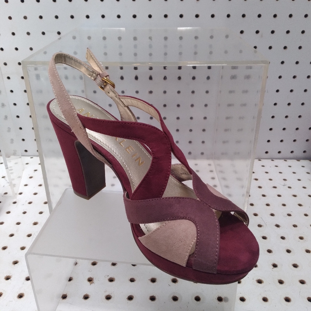 Anne Klein Women Burgundy Sandals Suede Straps Block Chunky Platform Heel Pump - Picture 7 of 12